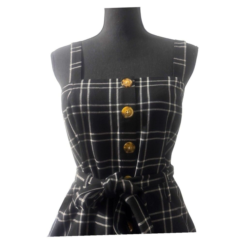 Black & White Plaid Academia Preppy Cottagecore Button Front Mini Dress Size S - Picture 3 of 7
